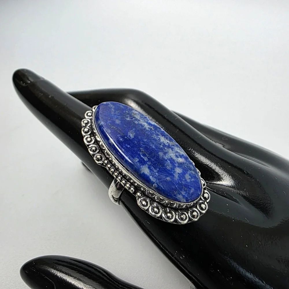 Tibetan Handmade Lapis Lazuli 925 Stamped Sterling Silver Plated Ring Size 8.75